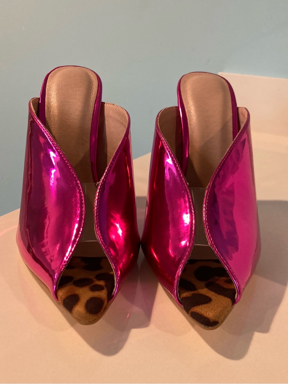 Metallic Fuchsia Open-Toe Mule with Leopard Inset - Picture 3 of 3